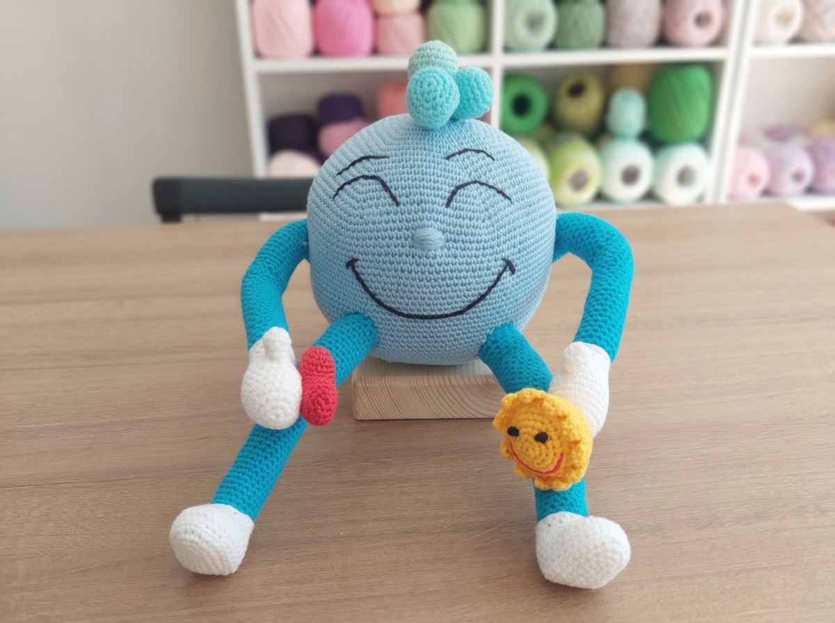 Bonequinho azul de crochê gota d'água sorrindo, sentado sobre um apoio de madeira, com novelos coloridos ao fundo
