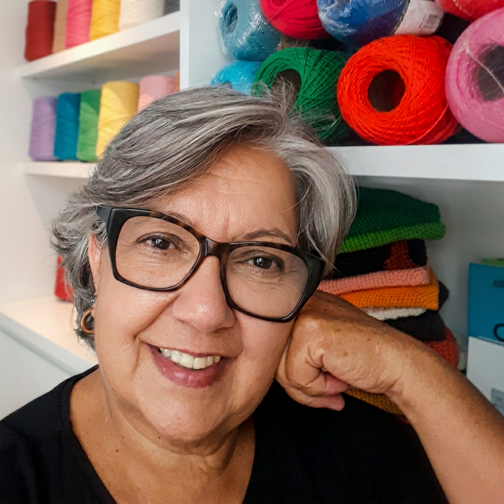 Solange sorrindo no ateliê, cercada por novelos coloridos
